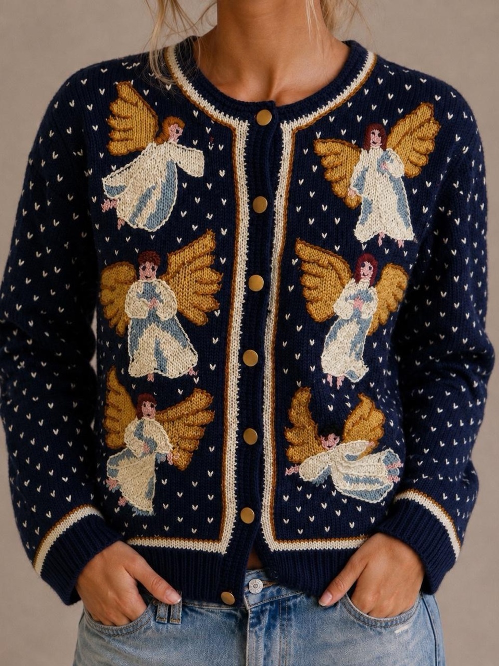 Vintage cottage core Navy Angel Knit Cardigan Sweater